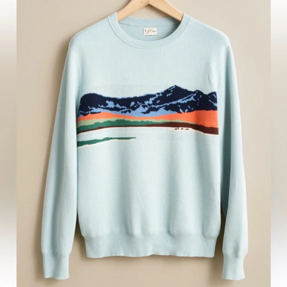 J. Crew light‎ blue cotton knit sweater mountain design landscape size Large